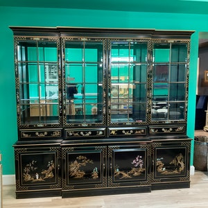 Union National Black Lacquer Chinoiserie China Cabinet