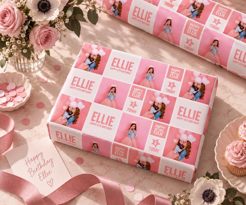 May include: Custom birthday wrapping paper featuring a repeating grid pattern of the name Ellie, the text Happy 6th Birthday, and the text 6 Today, interspersed with photographic images of a young girl wearing a crown and a blue denim jacket.