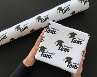 Personalised Graduation Name Wrapping Paper Custom Gift Wrap Celebration Well Done Mortar Board Ceremony Top Dog Clever Sausage