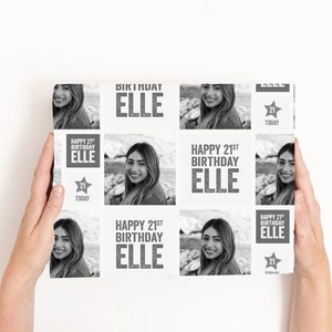 Personalised Custom Photo Image Photograph Birthday Face Personalized Wrapping Paper Gift Wrap Kids 21st 18th 40th Special Baby Wedding Grey