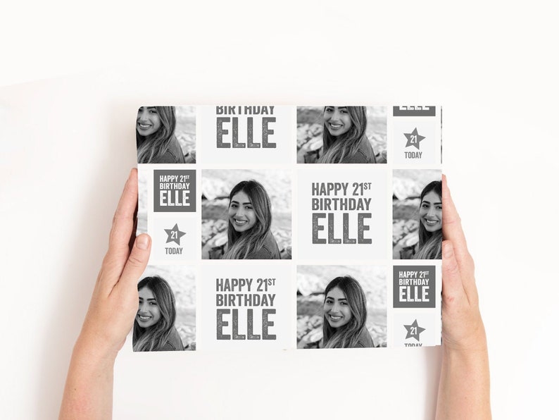 Personalised Custom Photo Image Photograph Birthday Face Personalized Wrapping Paper Gift Wrap Kids 21st 18th 40th Special Baby Wedding Grey