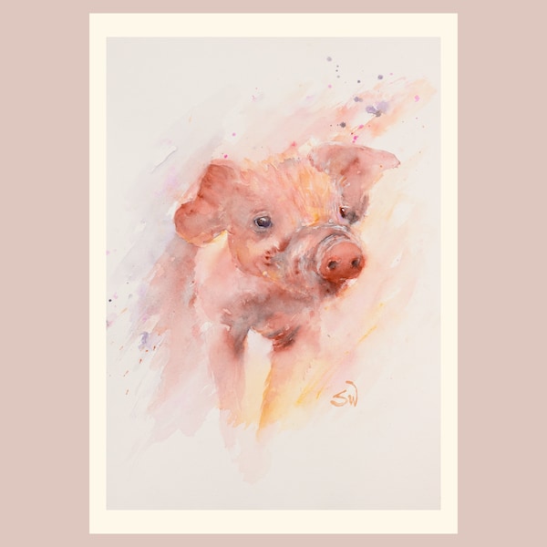 Giclée Print, Art Print, Cute Animal, A4, A3 - Print of original Watercolor Painting - Cute Pig
