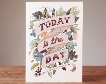 Tarjeta de saludos motivacionales divertidas. Con ilustraciones florales verdes y procrastinación.