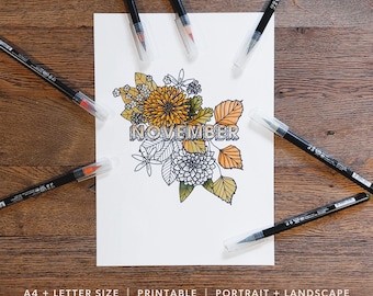 Página para colorear de flores para adultos / Hoja para colorear de temporada imprimible / Descarga digital instantánea / Flores de noviembre