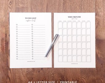 Lista de tareas y calendario en blanco, vertical y horizontal / Calendario imprimible / Descarga instantánea / Tamaños A4 y Carta de EE. UU. / Sin fechas