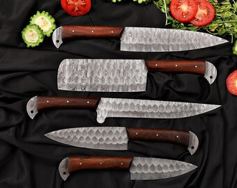 5pc Damascus Chef Knife Set – Hand-Forged Kitchen Knives with Walnut Handles | Unique Christmas, Wedding, or Anniversary Gift for Him or Her