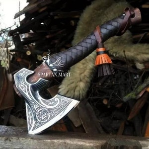 Personalized VIKING AXE best holiday gift for him Unique Christmas gift for her BLACK Friday sale Medieval axe with leather sheath Rare Viking Axe