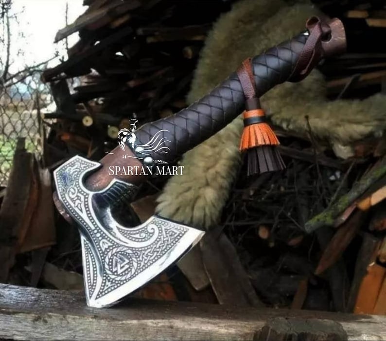 Personalized VIKING AXE best holiday gift for him Unique Christmas gift for her BLACK Friday sale Medieval axe with leather sheath Rare Viking Axe