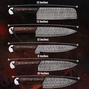 May include: Five different sizes of kitchen knives with wooden handles and a patterned blade. The knives are arranged from largest to smallest, with the largest knife being 12 inches long and the smallest knife being 10 inches long.