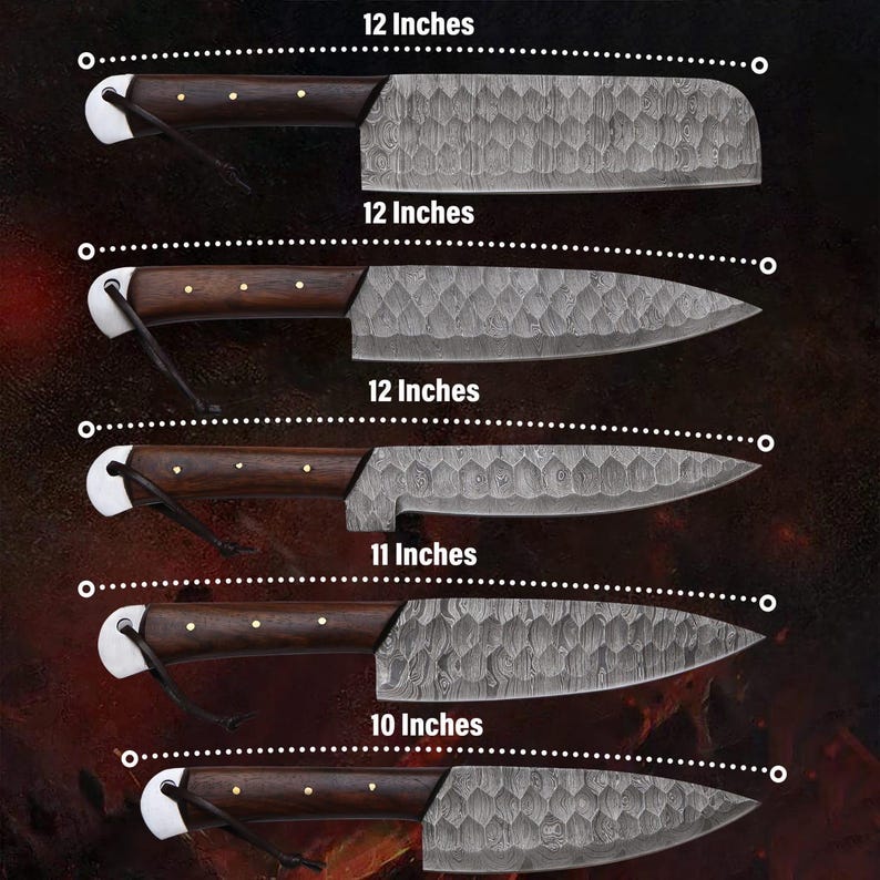 May include: Five different sizes of kitchen knives with wooden handles and a patterned blade. The knives are arranged from largest to smallest, with the largest knife being 12 inches long and the smallest knife being 10 inches long.