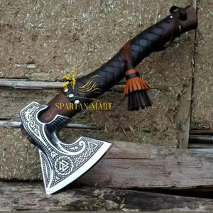 Personalized VIKING AXE best holiday gift for him Unique Christmas gift for her BLACK Friday sale Medieval axe with leather sheath image 4