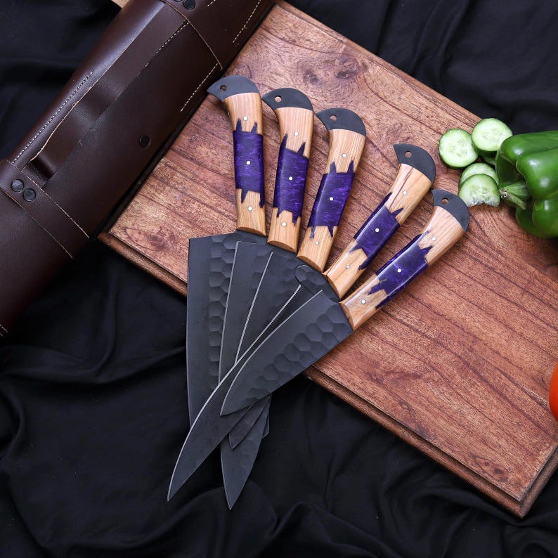 Chef Knife Set – Hand-Forged Carbon Steel Kitchen Knives | Culinary Gift | Damascus Knife Set | Unique Gift for him image 2
