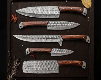 5pc Damascus Chef Knife Set – Hand-Forged Kitchen Knives with Walnut Handles | Wedding, Anniversary, Birthday or Christmas Gift