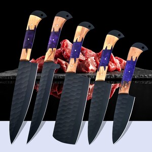 Chef Knife Set – Hand-Forged Carbon Steel Kitchen Knives | Culinary Gift | Damascus Knife Set | Unique Gift for him image 4