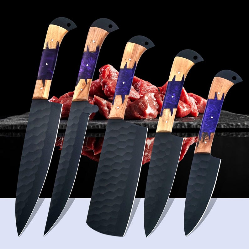 Chef Knife Set – Hand-Forged Carbon Steel Kitchen Knives | Culinary Gift | Damascus Knife Set | Unique Gift for him image 4