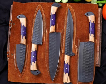 Handmade Carbon Steel Kitchen Knives | Unique Culinary Gift | Damascus Kitchen Knives Set | Christmas Gift