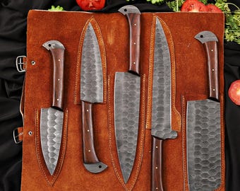 Damascus Kitchen Knife Set – 5pc Hand-Forged Chef Knives with Walnut Handles | Unique Cooking or Christmas Gift for Him or Her