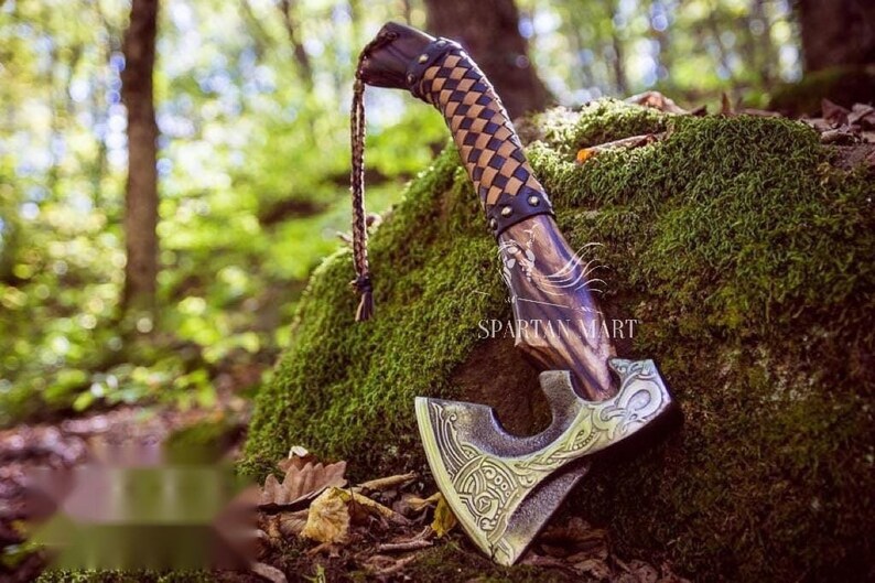 Viking Camping Axe With Leather Sheath - Forged Carbon Steel Bearded Axe With Ashwood Handle
