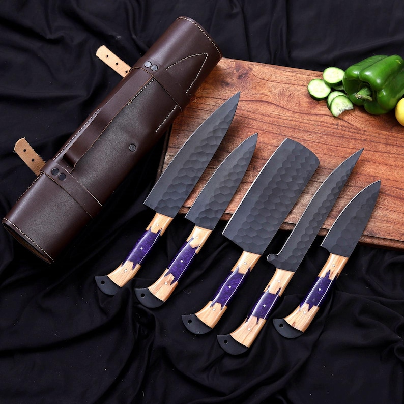 Chef Knife Set – Hand-Forged Carbon Steel Kitchen Knives | Culinary Gift | Damascus Knife Set | Unique Gift for him Resin/Woodhandle