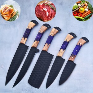Chef Knife Set – Hand-Forged Carbon Steel Kitchen Knives | Culinary Gift | Damascus Knife Set | Unique Gift for him image 5