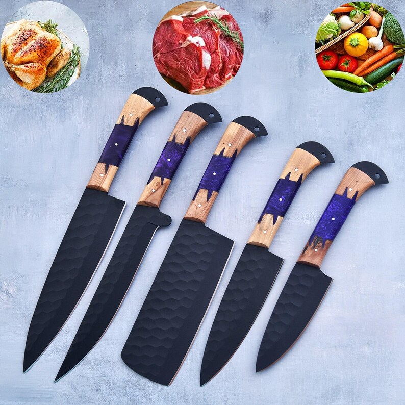 Chef Knife Set – Hand-Forged Carbon Steel Kitchen Knives | Culinary Gift | Damascus Knife Set | Unique Gift for him image 5