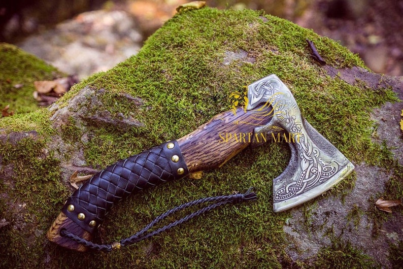 Personalized VIKING AXE best holiday gift for him Unique Christmas gift for her BLACK Friday sale Medieval axe with leather sheath Ancient Medieval Axe