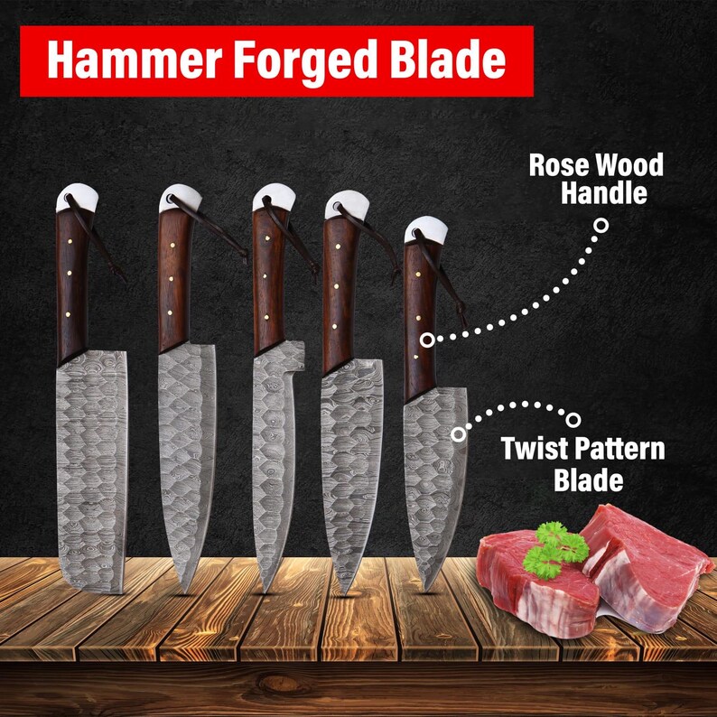 May include: Set of six kitchen knives with hammer forged blades and rose wood handles. The blades have a twist pattern. The knives are displayed on a wooden surface.
