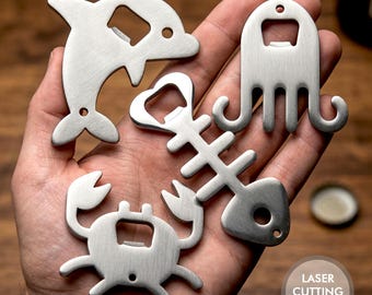 Archivo DXF de abridor de botellas para corte láser / Paquete de 4 animales acuáticos