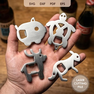 May include: Four silver-colored bottle openers in the shape of a pig, turtle, deer, and kangaroo. The openers are held in a hand. The image includes the text "SVG DXF PDF EPS" and "LASER CUTTING FILE".