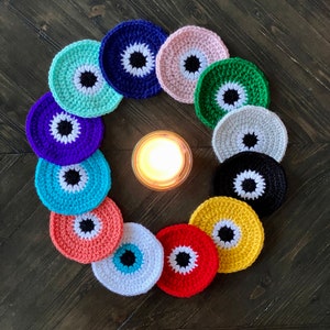 4.25&quot; Evil eye coaster barware, drinkware, home and living, kitchen & dining, handwoven crochet single coaster, housewarming gift authentic