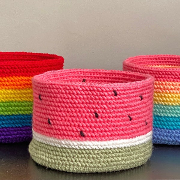 Multi color hand-woven round storage basket, crochet basket, home decor, gift idea, laundry organizer, rainbow, pride, unicorn, watermelon