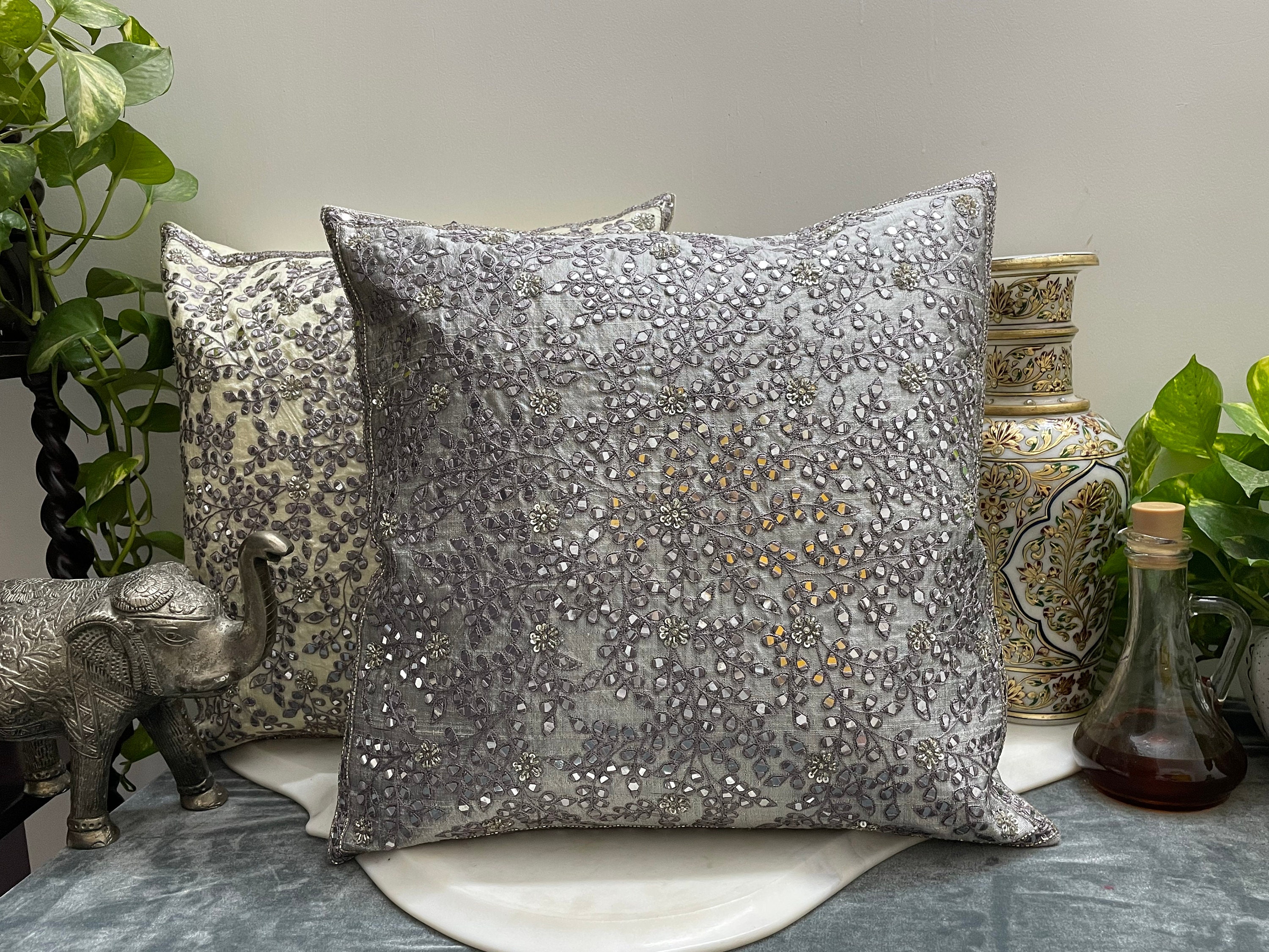 Offwhite / Grey Raw Silk Cushion Cover With Mirror Work Etsy