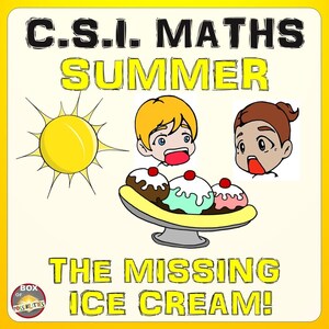 Puede incluir: Una ilustración amarilla y blanca de un sol, dos personajes de dibujos animados y un plátano partido con tres bolas de helado. El texto "C.S.I. MATHS SUMMER THE MISSING ICE CREAM!" está escrito en letras amarillas y negras.