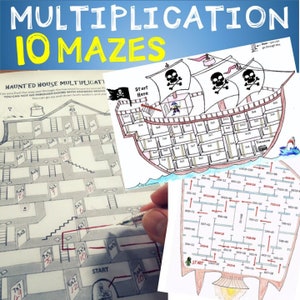 May include: A set of 10 multiplication mazes for children. The mazes feature a haunted house, a pirate ship, and a rocket ship. Each maze has a start and finish point and requires the solver to multiply numbers to find the correct path.