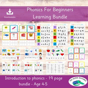 May include: A printable phonics learning bundle for children ages 4-5. The bundle includes 19 pages of activities, such as matching letters to pictures, spelling CVC words, and completing secret word games. The bundle is designed to help children learn the basics of phonics.