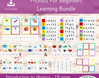 May include: A printable phonics learning bundle for children ages 4-5. The bundle includes 19 pages of activities, such as matching letters to pictures, spelling CVC words, and completing secret word games. The bundle is designed to help children learn the basics of phonics.