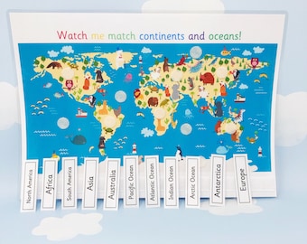 World Map - Continents and Oceans - Learning Sheet - Geography - KS1 - Seas - Maps - School Learning - Homework