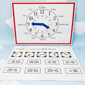 Könnte beinhalten: Eine weiße analoge Uhr mit schwarzen Zahlen und Zeigern. Das Zifferblatt der Uhr hat einen blauen Pfeil, der auf die Zahl 9 zeigt. Die Uhr ist von einem roten Rand umgeben. Unter der Uhr befindet sich ein weißes Blatt mit dem Text "Watch me practice clock times!" und acht schwarz-weiße Uhren, die verschiedene Zeiten anzeigen.
