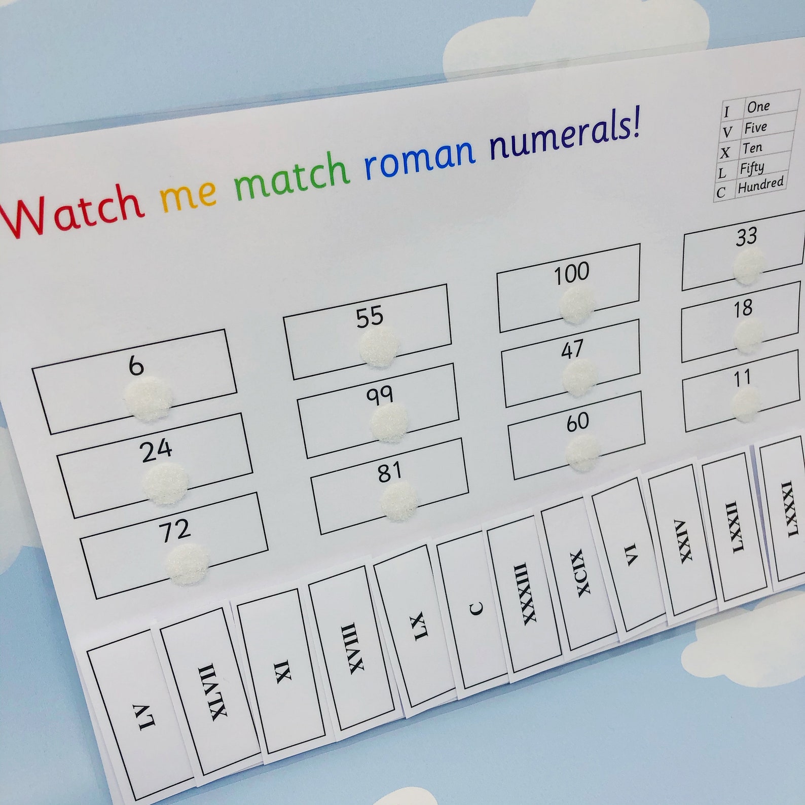 Roman Numerals to 100 Learning Sheet KS2 Matching Activities Maths