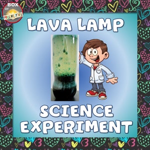 May include: A cartoon illustration of a science experiment with a lava lamp. The title "Lava Lamp Science Experiment" is written in large, colorful letters. A cartoon boy in a lab coat is standing next to the lava lamp.