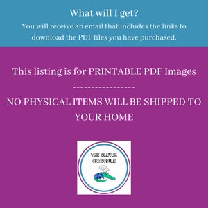 May include: A purple background with white text that reads "This listing is for PRINTABLE PDF Images NO PHYSICAL ITEMS WILL BE SHIPPED TO YOUR HOME". A blue and green cartoon crocodile with a thought bubble above its head is in the lower right corner. The text in the thought bubble reads "THE CLEVER CROCODILE".