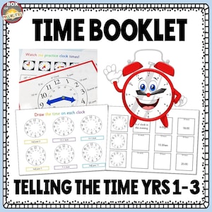 May include: A colorful printable worksheet for teaching children how to tell time. The worksheet features a cartoon clock with a smiling face and several blank clock faces for students to fill in the time. The title of the worksheet is "Telling the Time Yrs 1-3".