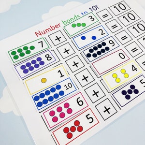 May include: A printable worksheet with colorful circles representing numbers 0-10. The worksheet is titled "Number bonds to 10!" and includes addition problems for each number.