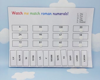 Roman Numerals 1-100 Learning Sheet: Matching Game (Printable PDF)