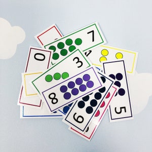 May include: A set of colorful cards with numbers and dots. The cards are arranged in a pile, with the numbers 0, 1, 2, 3, 4, 5, 6, 7, 8, and 9 visible. The dots are arranged in a pattern, with each card having a different number of dots.