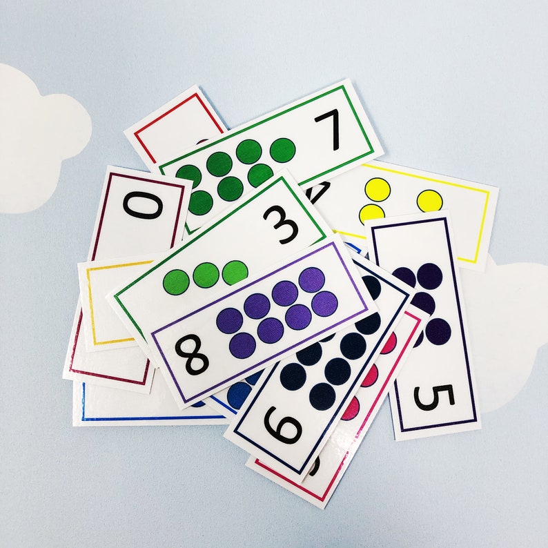 May include: A set of colorful cards with numbers and dots. The cards are arranged in a pile, with the numbers 0, 1, 2, 3, 4, 5, 6, 7, 8, and 9 visible. The dots are arranged in a pattern, with each card having a different number of dots.