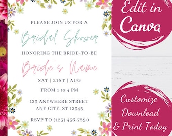 Floral Bridal Shower Invitation, Instant Download, Digital Download, Printable Template, Editable, Canva
