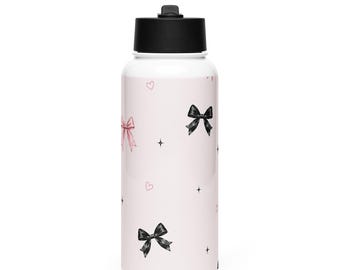 Coquette Trinkflasche | Pink-schwarze Trinkflasche mit Schleife für Kinder/Jugendliche | Hübsche, wiederverwendbare Flasche | Geschenkidee zum Schulstart