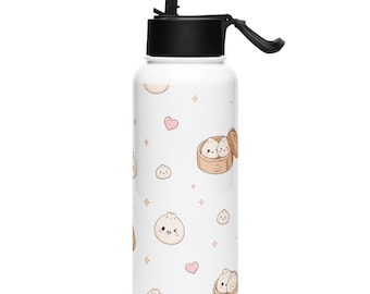 Niedliche Trinkflasche mit Knödelmuster | Edelstahl-Trinkflasche mit Strohhalmdeckel | Kawaii-Becher | Trinkflasche mit Knödelmuster | Süßes Geschenk für Feinschmecker