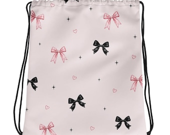 Niedlicher Turnbeutel | Sporttasche mit Schleife in Rosa und Schwarz für Kinder/Jugendliche | Hübsche Sporttasche | Tanztasche | Ästhetischer Sportrucksack | Schulanfang